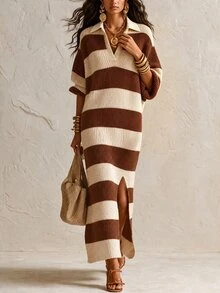LUMIGAL Women's Colorblock Casual Daily Summer Knit Dress - Khaki - View 5