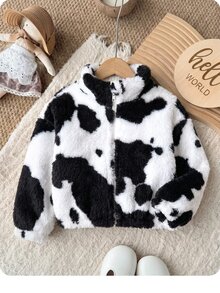SHEIN 女嬰可愛百搭休閒毛絨碎花長袖冬季外套 - 黑與白 - 查看 4