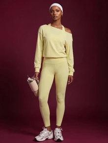 Zivah Women's Solid Color Cropped Halter Tank Top And Leggings Sports Set - Yellow - View 12