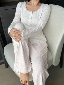 Dazy Plus Floral Pattern Contrast Lace Pants & Fitted Long Sleeve Top 2 Pieces Loungewear Set, Pink Pajama Set - White - View 1