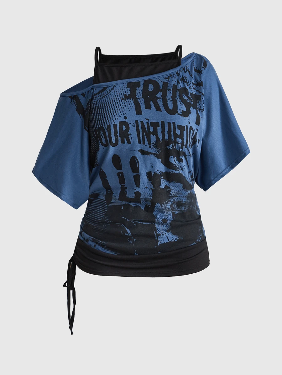ROMWE Grunge Punk 夏季復古龐克風眼睛印花拼色 2 合 1 不對稱肩寬鬆女款 T-shirt - 藏蓝色 - 查看 1