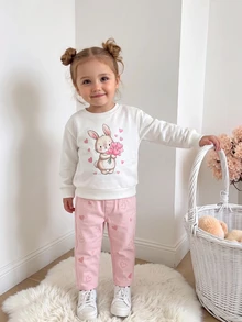 SHEIN Vintaside Kids 女嬰牛仔褲，可愛俏皮風格，四季新品，復古粉色牛仔布，彈性腰頭設計，粉色愛心刺繡搭配雪洗效果，錐形褲管版型，時尚百搭，適合度假、外出及其他場合，四季新品女嬰牛仔褲 - 粉色 - 查看 5