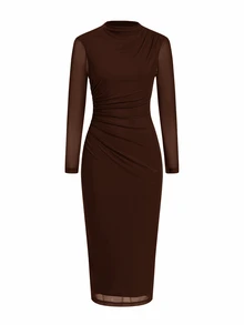 Ellevyn Gaun Midi Elegan Wanita Warna Polos Kerah Tegak Lengan Panjang dengan Detail Kerut dan Potongan Pas Badan - Coffee Brown - View 4