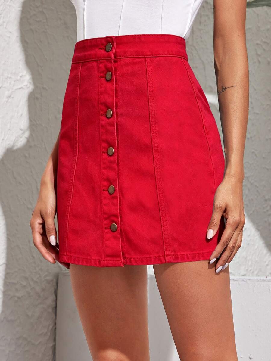 Breezaya Plus Size Summer Casual Front Button Denim Skirt - Red - View 1