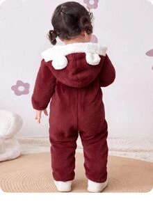 SHEIN 新生女嬰秋冬款可愛毛茸茸拼色連帽連身衣 - 酒紅色 - 查看 1