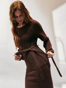 SHEIN Women's Solid Color Knitted Long Sleeve Top With Waist Tie And Skirt 2 Pieces Set - Brown - View 1
