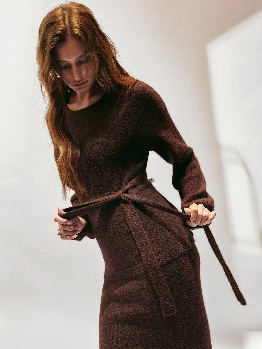 SHEIN Women's Solid Color Knitted Long Sleeve Top With Waist Tie And Skirt 2 Pieces Set - Brown - View 1