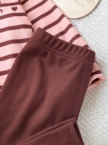SHEIN Playful Pals 2pcs Baby Girl Sweatshirt Leggings Cute Sweet Pink Brown Striped Heart Bow Print Rib-Knit Long Sleeve Round Neck Regular Holiday Fall Halloween Cozy - Multicolor - View 6