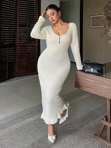 Dazy Plus Solid Color Elegant Wrap Deep V-Neck Sexy Elegant Autumn/Winter Long Knit Dress - Apricot - View 6