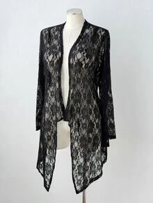 Sunspun Jaket Kasual Elegan Berenda Ukuran Besar untuk Musim Gugur/Dingin dengan Hem Asimetris dan Bagian Depan Terbuka - Hitam - View 7