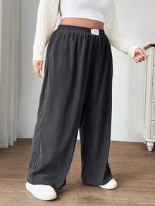 SHEIN EZwear 深灰色大尺碼女款秋冬校園日常室內工作穿搭卡其色燈芯絨布料附口袋與拼接設計高腰寬鬆寬腿褲 - 深灰色 - 查看 5