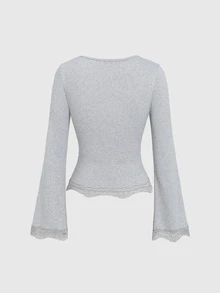 Sweetra Women's Grey V-Neck Lace Trim Design Flared Sleeve Slim Fit Sexy Elegant Commute T-Shirt For Autumn/Winter - Grey - View 2