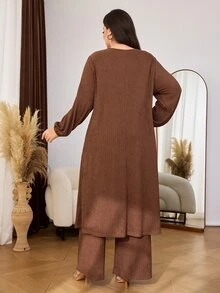Lacomfia Plus Size 2 Pieces Set Loose Fit Textured Knit Fabric Casual Wear, Suitable For Spring And Autumn Daily - Coffee Brown - View 2