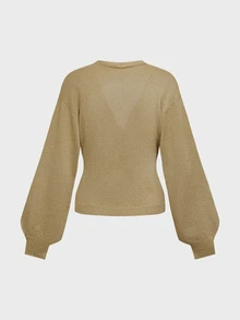 LUMIGAL Shiny Golden Yellow Front Twist Lantern Sleeve Elegant Women's Sweater, Suitable For Autumn/Winter Wear - Yellow - View 4
