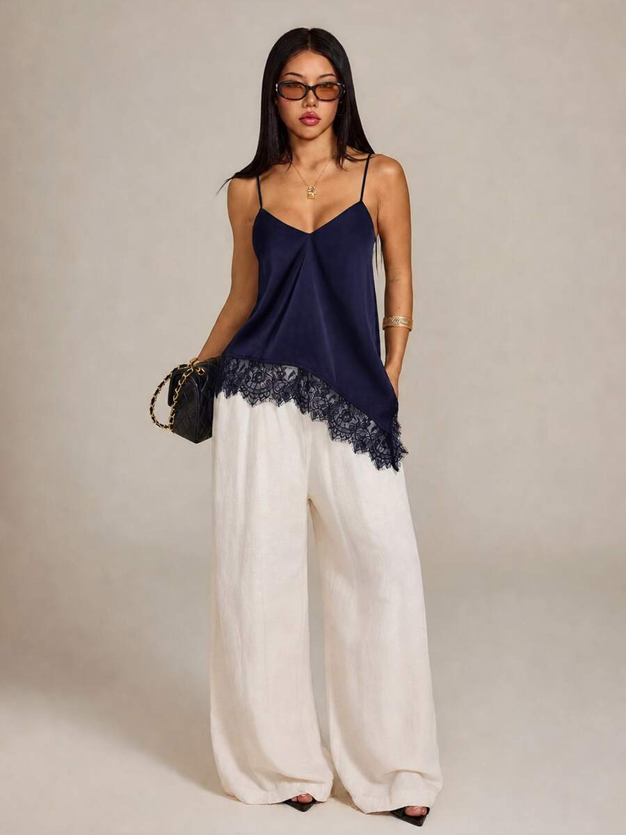 SHEIN PETITE Women's Solid Color Contrast Lace Asymmetrical Hem Fashion Camisole - Navy Blue - View 1