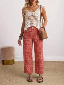 SHEIN CURVE+ Plus Size Women's All-Over Print Casual Daily Denim Wide Leg Pants With Pockets - Red - View 5
