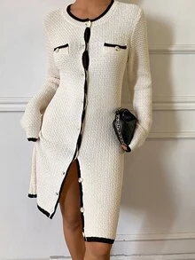 DAZY Patchwork Contrast Color Striped Fitted Bodycon Long Sleeve Round Neck Elegant Formal Vacation Korean Style Party Autumn/Winter Women's Sweater Dress - Apricot - View 4