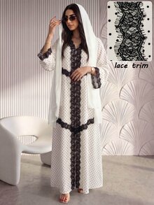 Al Najma Spring/Autumn V-Neck Lace Trim Polka Dot Dress - Black and White - View 1