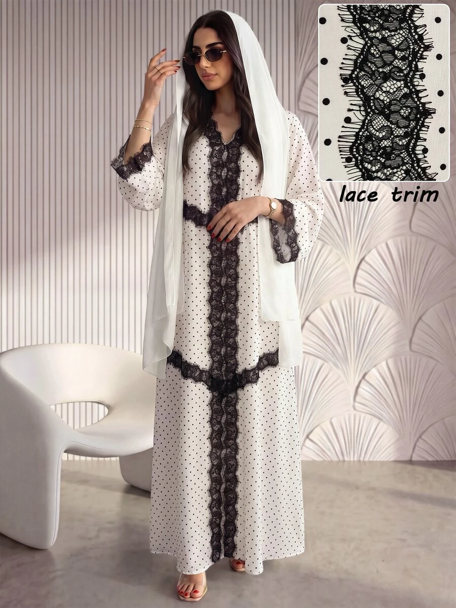 Al Najma Spring/Autumn V-Neck Lace Trim Polka Dot Dress - Black and White - View 1