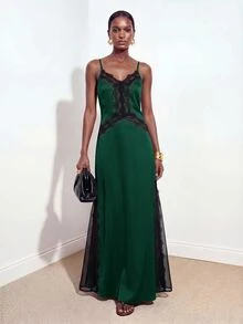 Zivah Women's Contrast Lace Fashion Elegant Spaghetti Strap Long Dress - Dark Green - View 9