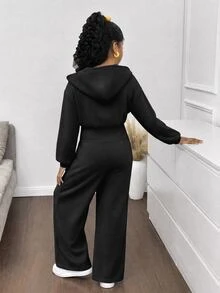 SHEIN 少女時尚極簡純色連帽拉鍊印字字母高腰秋冬連身褲 - 黑色 - 查看 2