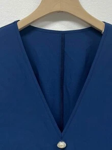 EMERY ROSE Women's Plus Size Autumn/Winter French Style Solid Color V-Neck Waist-Cinching Long Sleeve A-Line Dress, Suitable For Outings, Daily Wear, Elegant Commuting - Navy Blue - View 3