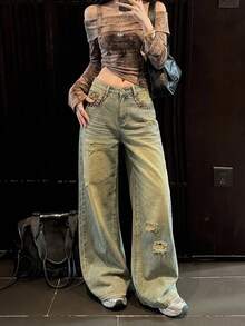 DAZY Women's Street Leopard Print Patchwork Pocket Distressed Denim Jeans Fall - Dusty Blue - View 8