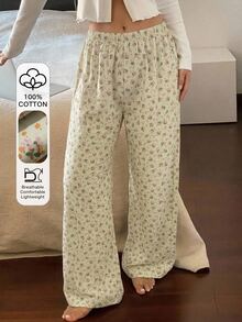DAZY Sweet Ditsy Floral Long Straight Leg Pajama Pants, Summer Women's Loungewear Bottoms Fall - White - View 4
