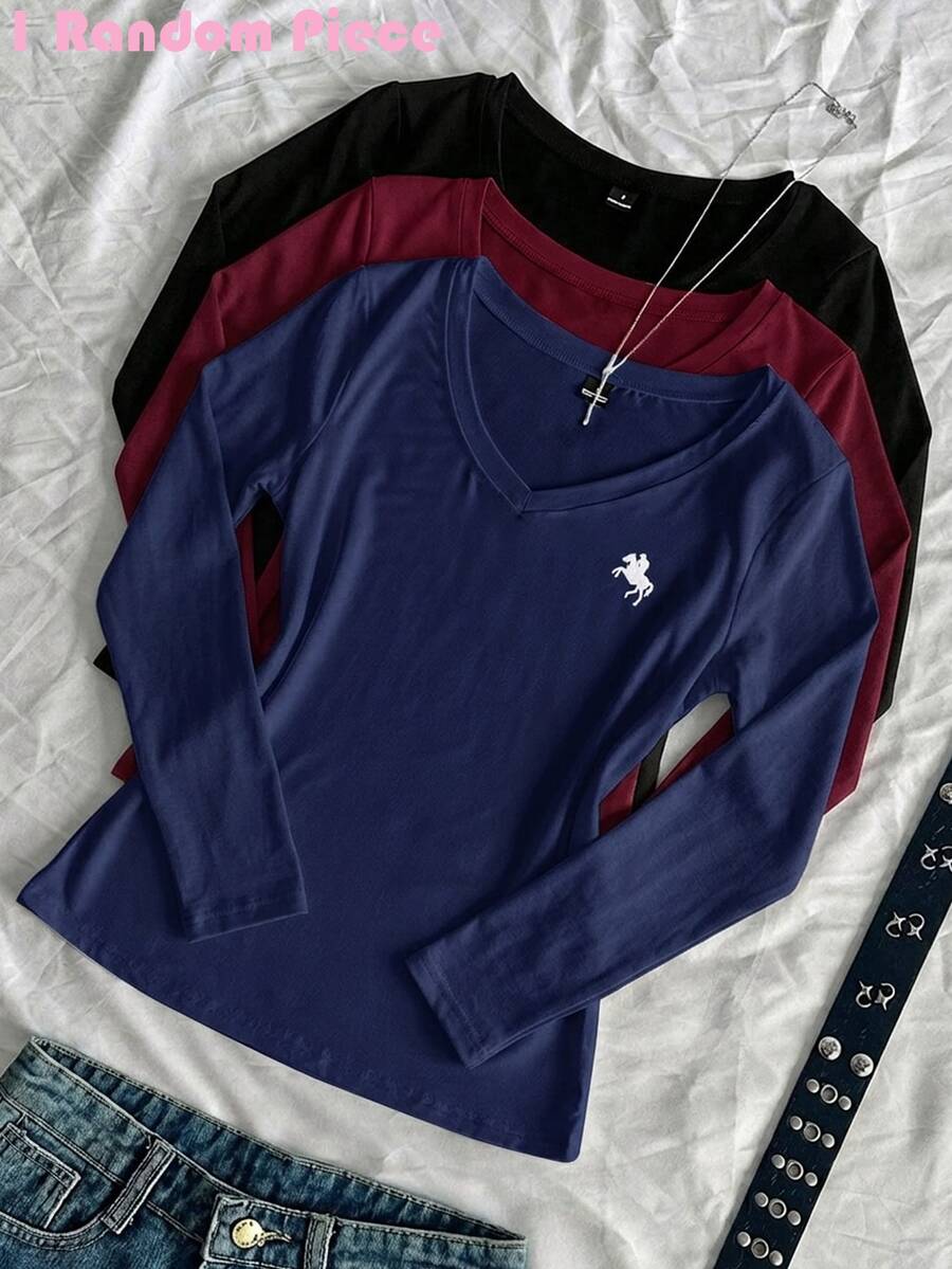 Kids Teen Girls Casual Minimalist V-Neck Versatile Slim Fit Long Sleeve T-Shirt Suitable For All Seasons - Multicolor - View 1