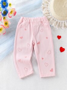 SHEIN Vintaside Kids 女嬰牛仔褲，可愛俏皮風格，四季新品，復古粉色牛仔布，彈性腰頭設計，粉色愛心刺繡搭配雪洗效果，錐形褲管版型，時尚百搭，適合度假、外出及其他場合，四季新品女嬰牛仔褲 - 粉色 - 查看 1