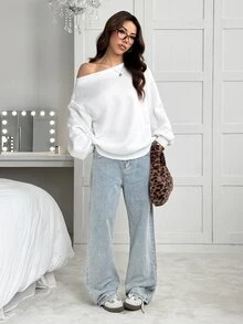 SHEIN EZwear Plus Size Women's Solid Color Asymmetric Neck Drop Shoulder Long Sleeve Casual T-Shirt Fall - White - View 5