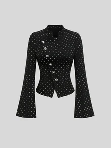 Sweetra Spring/Autumn New Polka Dot Asymmetric Placket Long Sleeve Jacket, Fashionable & Versatile, Suitable For Streetwear And Commuting - Black - View 3
