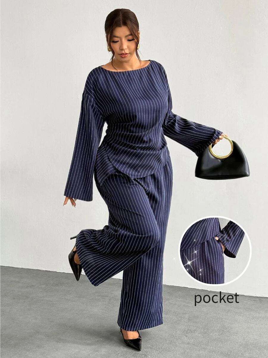 Firerie Plus Size Casual Commute Striped Shirt & Trousers Suit Set - Navy Blue - View 1