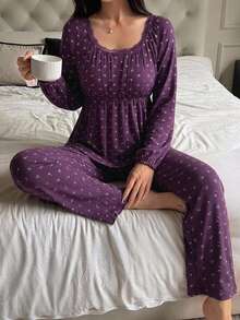 DAZY 2pcs/Set Sweet Ditsy Floral Sleeveless Tank Top & Slim Fit Ankle Pants, Women's Pajama Set For Spring/Summer - Red Violet - View 5