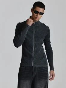 Musero Muscle Fit Funnel Neck Ribbed Zip Through Top Autum Winter Essentials - Black - View 2