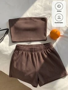 Comfortcana Spring/Summer Casual Navy Blue Cropped Bandeau Top And Shorts Plus Size 2 Pieces Set - Chocolate Brown - View 1