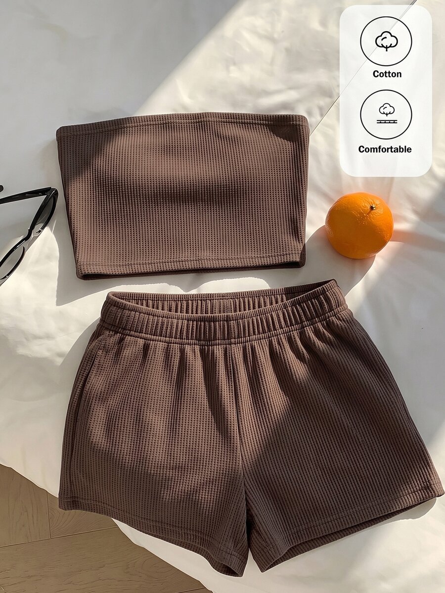 Comfortcana Spring/Summer Casual Navy Blue Cropped Bandeau Top And Shorts Plus Size 2 Pieces Set - Chocolate Brown - View 1