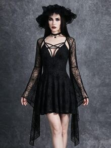 Glisette Romantic Lace Floral Ultra-Short Lace Oversized Bell Sleeve Women's Top - Black - View 3