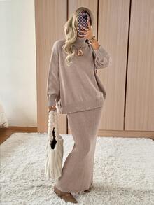 SHEIN EZwear Women's Solid Color High Neck Drop Shoulder Long Sleeve Sweater And Knit Skirt Casual 2 Pieces Set - Apricot - View 7