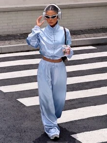Muchica Women's Casual Streetwear Comfortable Light Blue New Chinese Style Satin Long Sleeve Set, Autumn/Winter Everyday Going Out Day Time - Baby Blue - View 6