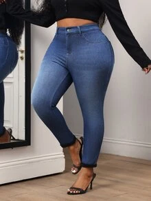 Slaydiva Plus Size Women's High Waist Skinny Casual Versatile Denim Jeans - Dark Wash - View 5