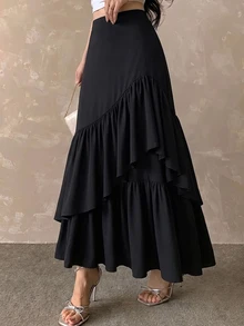 Tideelle 黑色高腰不對稱荷葉邊魚尾裙 女款優雅分層喇叭長版A字裙 通勤顯瘦 - 黑色 - 查看 5
