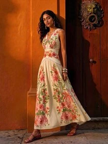 Travachic Printed V-Neck Women's Long Dress - Apricot - View 10
