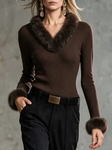 SHEIN Vintage Deep V-Neck Fuzzy Collar Knit Top, Furry Sleeve Patchwork Ribbed Long Sleeve Sexy Base Layer Sweater - Brown - View 3