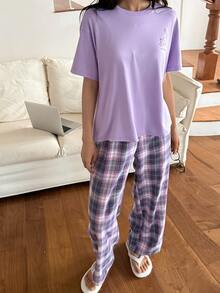 DAZY Women's Letter Print Drop Shoulder Sleeve Top And Plaid Long Pants Pajama Set - Purple - View 5