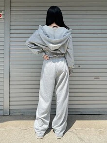 FRIFUL Women's Korean Style Ruched Waist Hooded Sweatshirt And Loose Pants 2 Pieces Set Fall - Grey - View 5