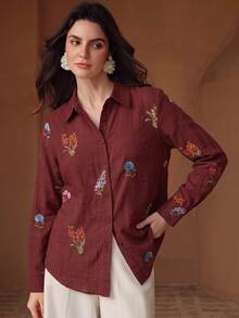 Anewsta Fall Elegant Retro Romantic Embroidered Dark Red Floral Long Sleeve Pleated Vacation Faux Linen Women's Blouse, Autumn Casual Work Brunch Business - Red - View 3