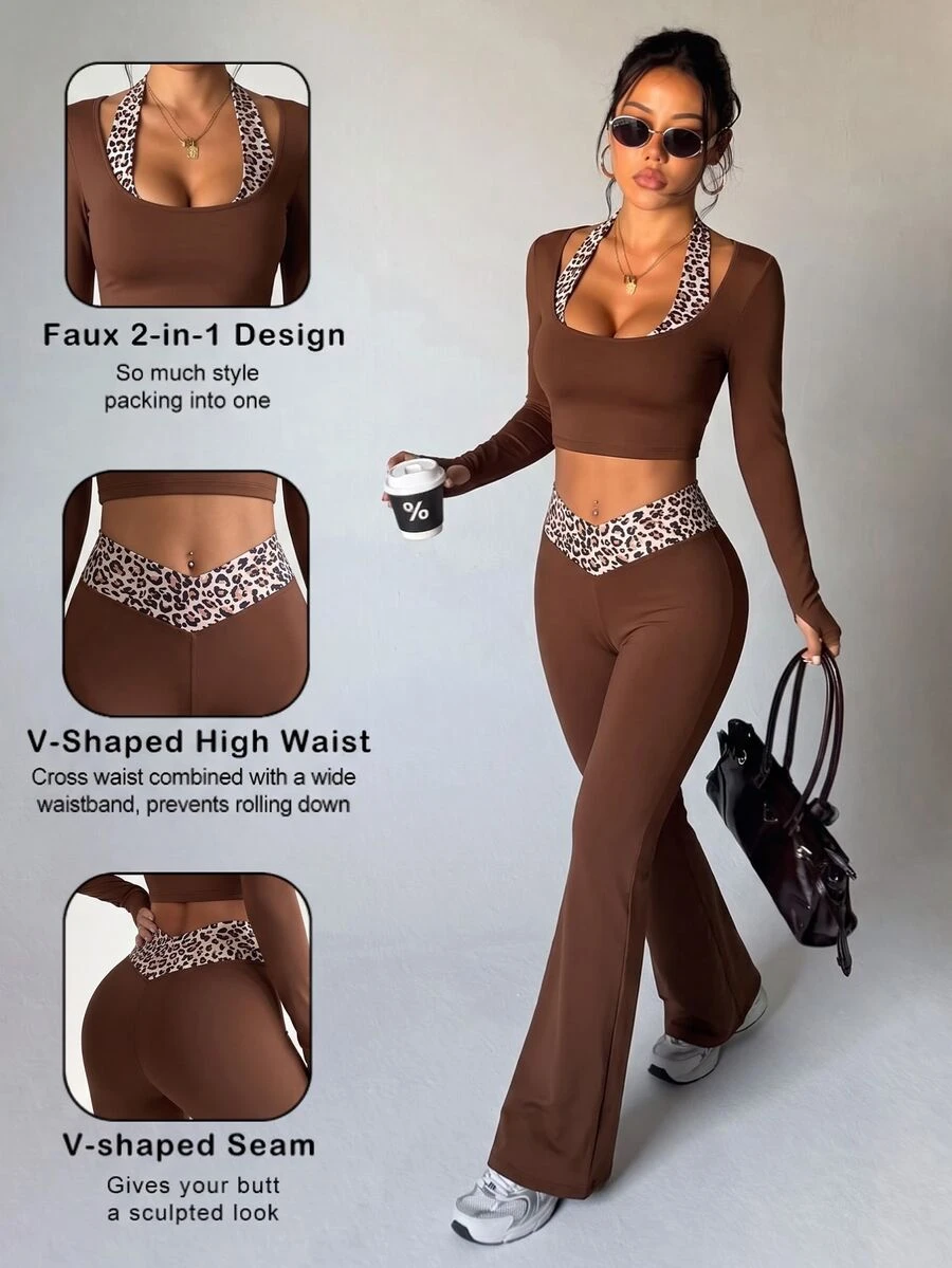 SHEIN Core Rhythm Autumn/Winter New Leopard Print Patchwork Fleece Long Sleeve Flared Leggings High Elasticity Yoga Sports 2 Pieces Set Women's Athletic Outfit - Multicolor - View 1