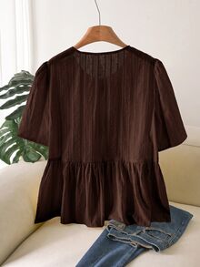 CosyJoli Plus Size Round Neck Short Sleeve Shirt, Everyday Plus Size Top, Apricot Color Plus Size Shirt, Black Bow Design - Brown - View 5