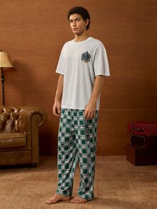 HARRY POTTER X SHEIN Men's Round Neck Short Sleeve T-Shirt And Plaid Long Pants Loungewear Set - Grey - View 3
